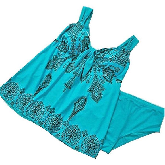 Plus 2pc Paisley Print Swimdress Womens Size 16-26 Teal Wide Strap Swimsuit Set - Picture 7 of 11